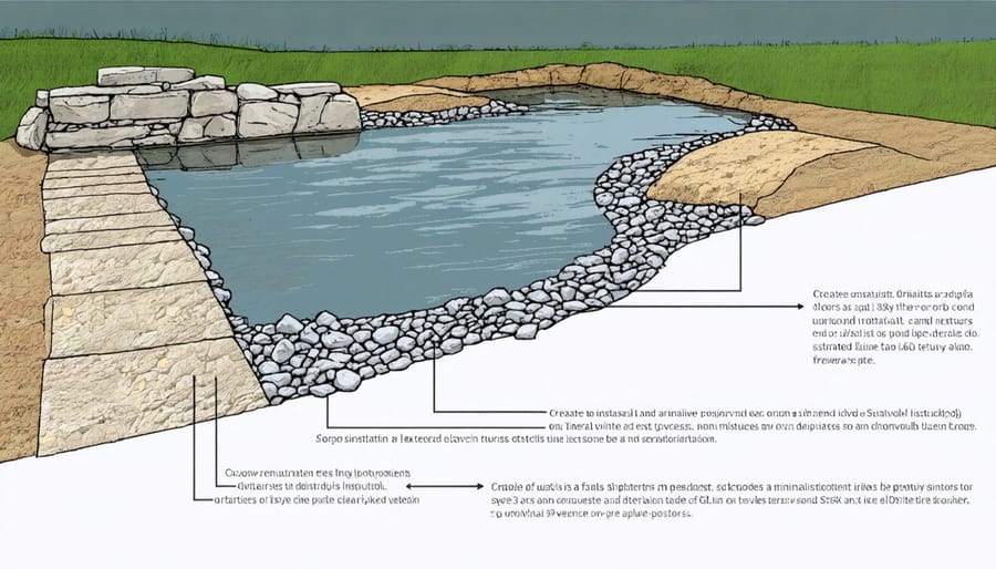 Diagram showing the stages of digging a pond and installing the pond liner