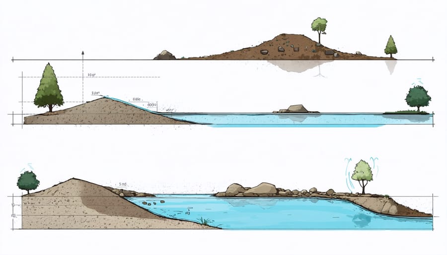 Diagram showing the stages of digging and contouring a wildlife pond