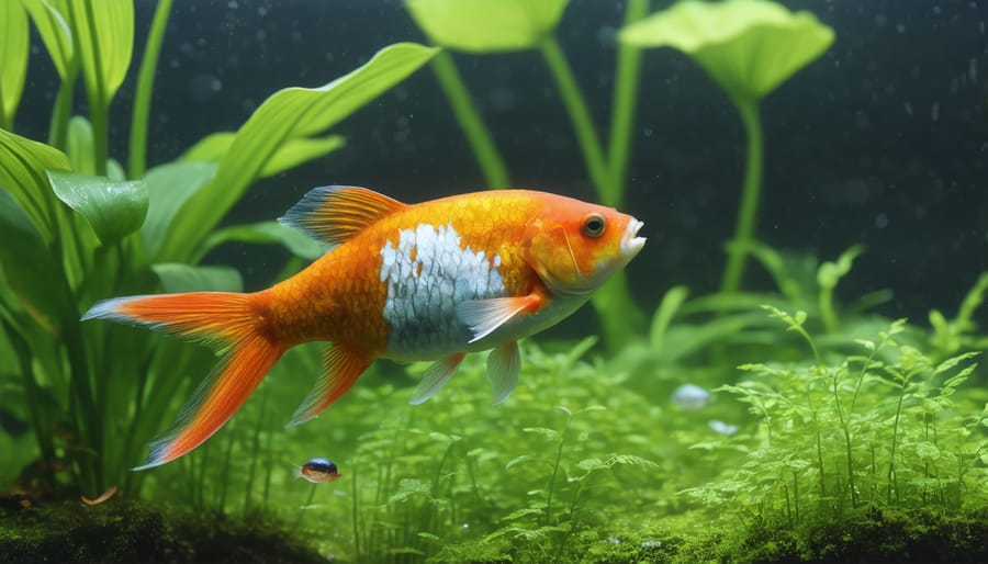 Brilliantly colored koi or goldfish in a water garden with aquatic vegetation