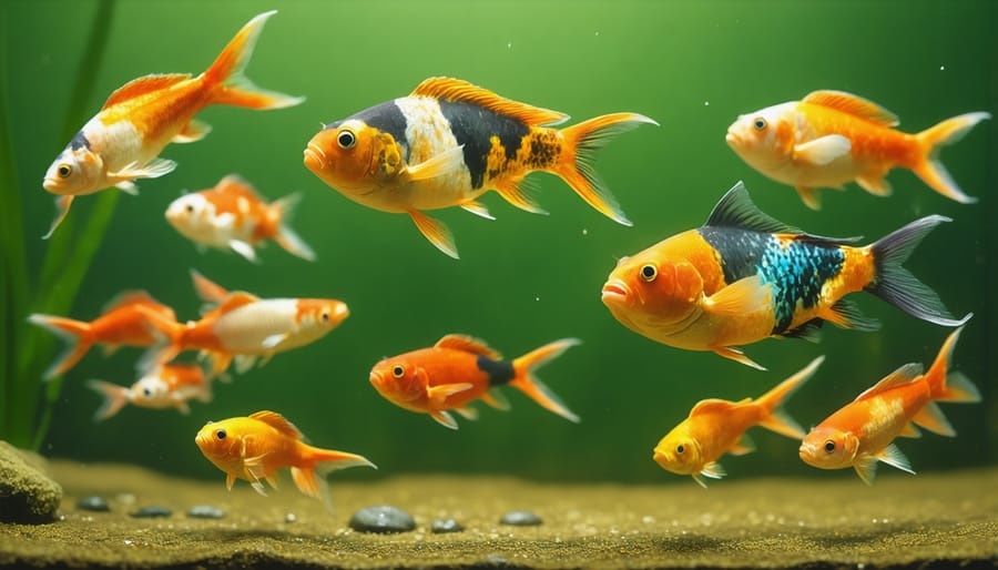 Assortment of vibrant fish thriving in a healthy backyard pond habitat