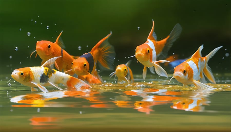 Assorted ornamental fish species in a natural pond habitat