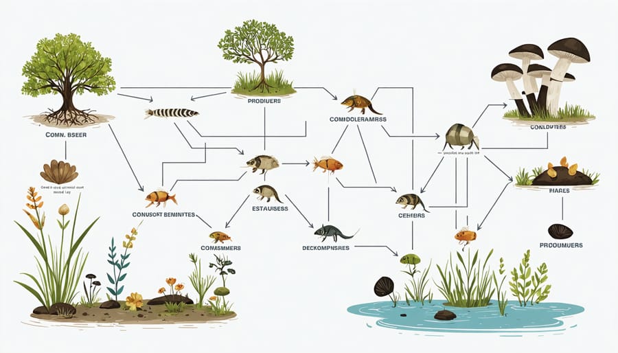 Diagram of a pond ecosystem food web with arrows connecting various organisms