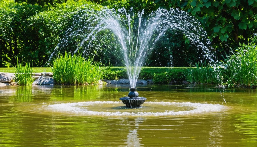 Beautiful pond with a fountain aerator maintaining pristine water quality