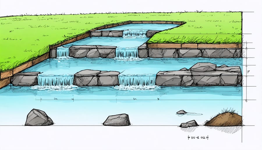 Diagram showing the steps to install a pond liner