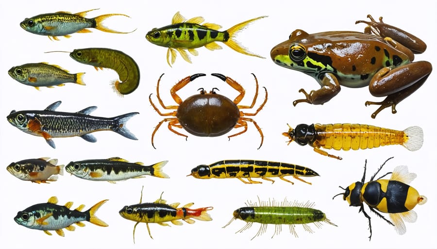 Diverse collection of pond animals representing different trophic levels