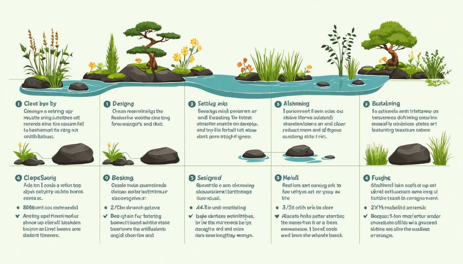 Informative graphic guide to creating and caring for a pond ecosystem