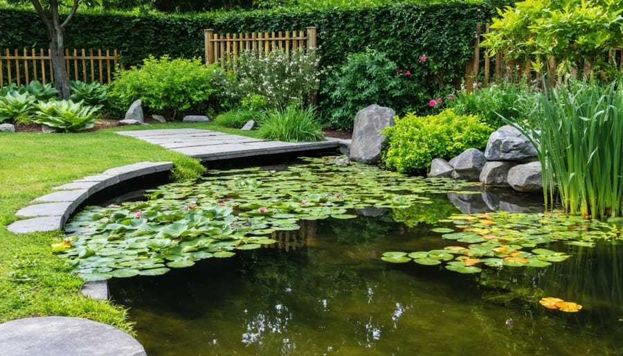 Pond with strategic planting and fencing to provide shade and wind protection