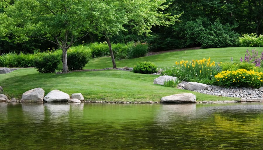 Beautifully landscaped pond shoreline with native plants and natural elements