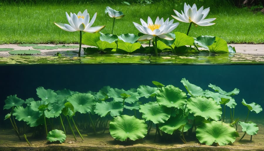 Split underwater view of pond ecosystem showing floating lily pads above and underwater vegetation below