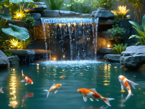 A tranquil pond at night adorned with underwater LED lights, illuminating a waterfall, colorful koi fish, and lush aquatic plants with a captivating glow.