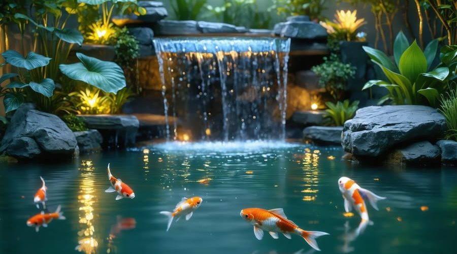 A tranquil pond at night adorned with underwater LED lights, illuminating a waterfall, colorful koi fish, and lush aquatic plants with a captivating glow.