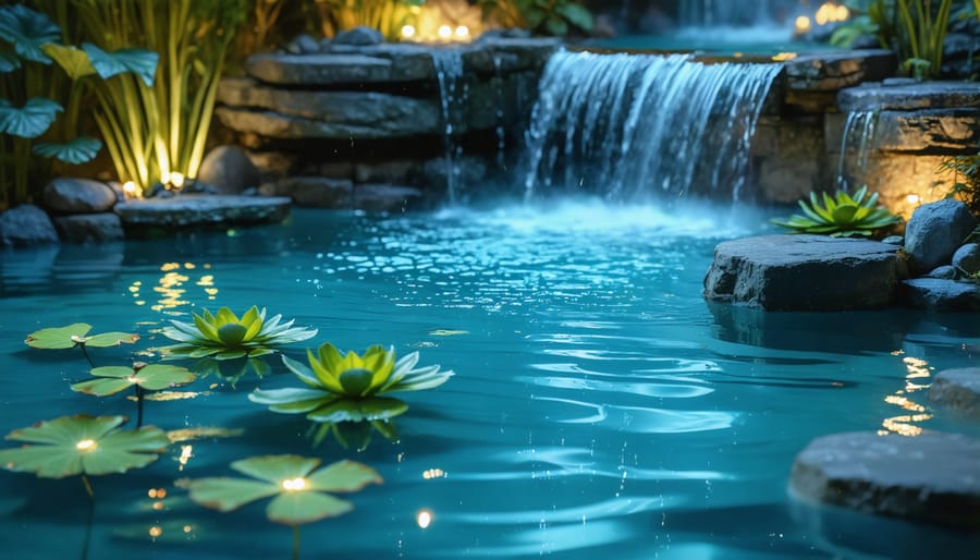 Pond beautifully lit at night with underwater LED lights accenting key features