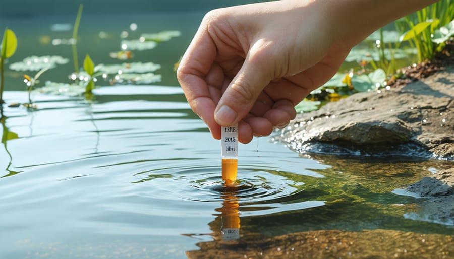 Measuring pond water pH levels with color-coded test strips