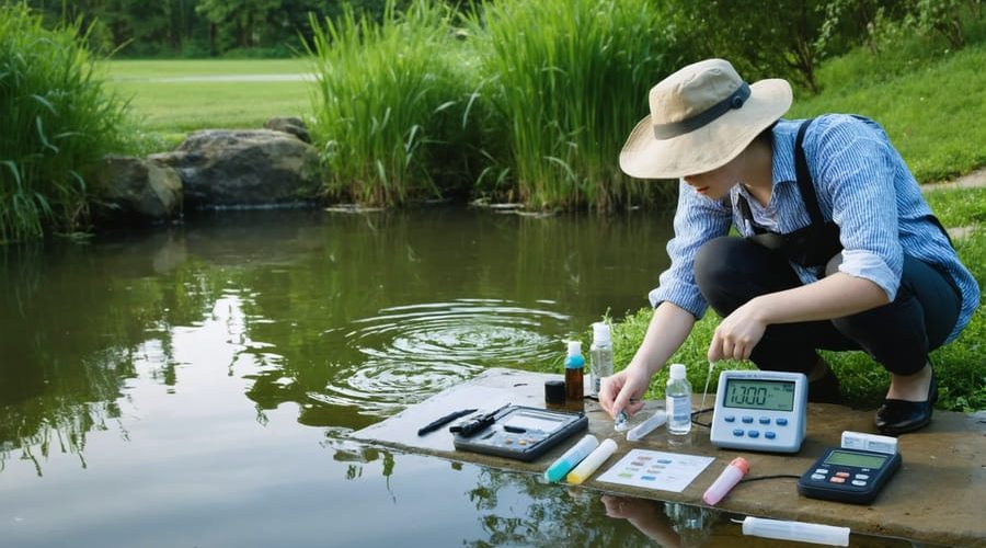 An individual testing pond water samples using scientific instruments to monitor and maintain optimal water quality levels, ensuring a healthy pond ecosystem.