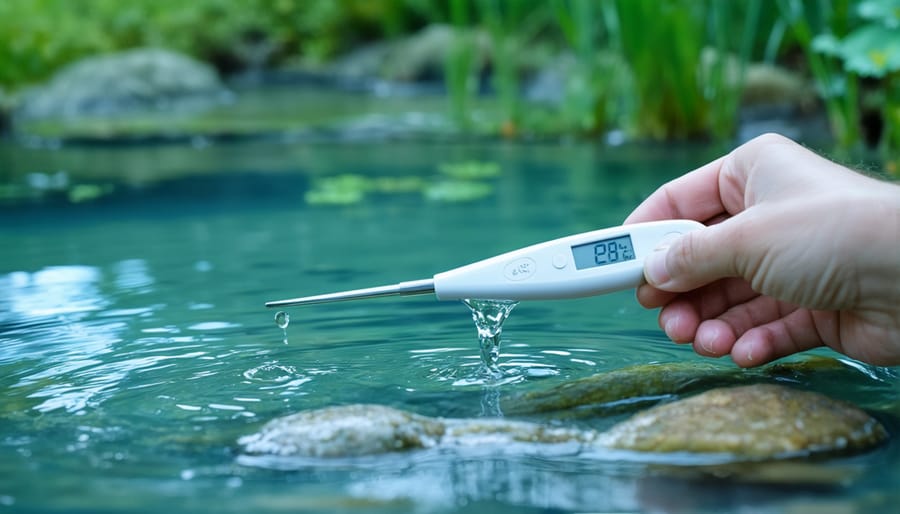 Testing pond water temperature using a digital thermometer