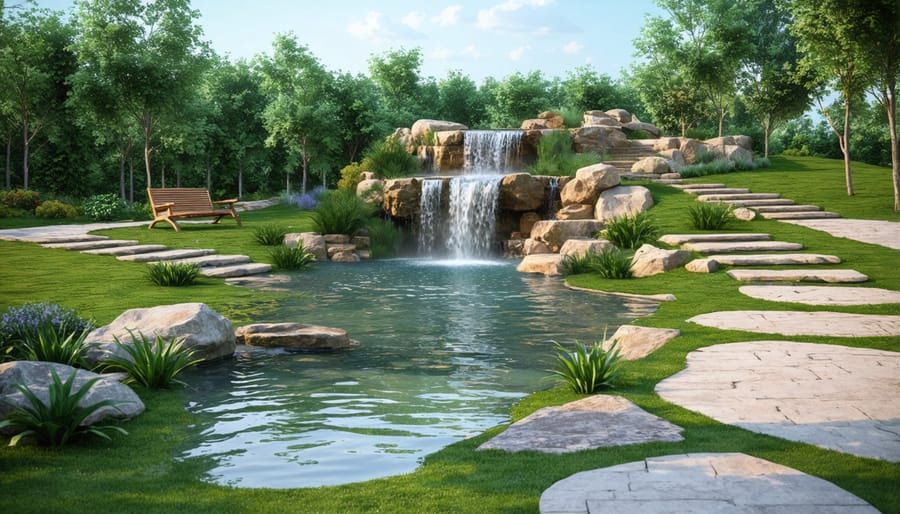 Pond with waterfall and seamless integration into surrounding landscape