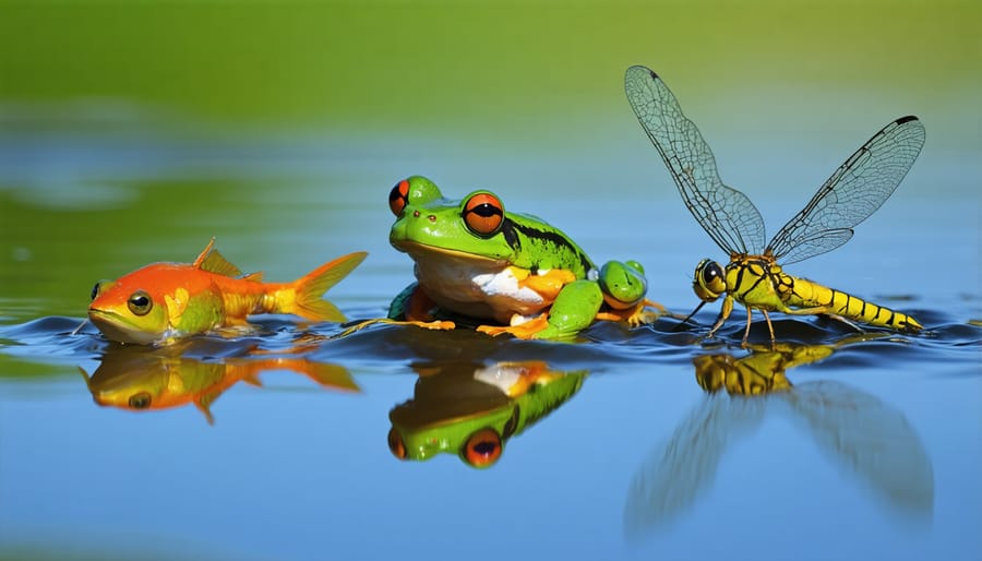 Various pond wildlife including dragonfly, green frog, and minnows interacting near water plants