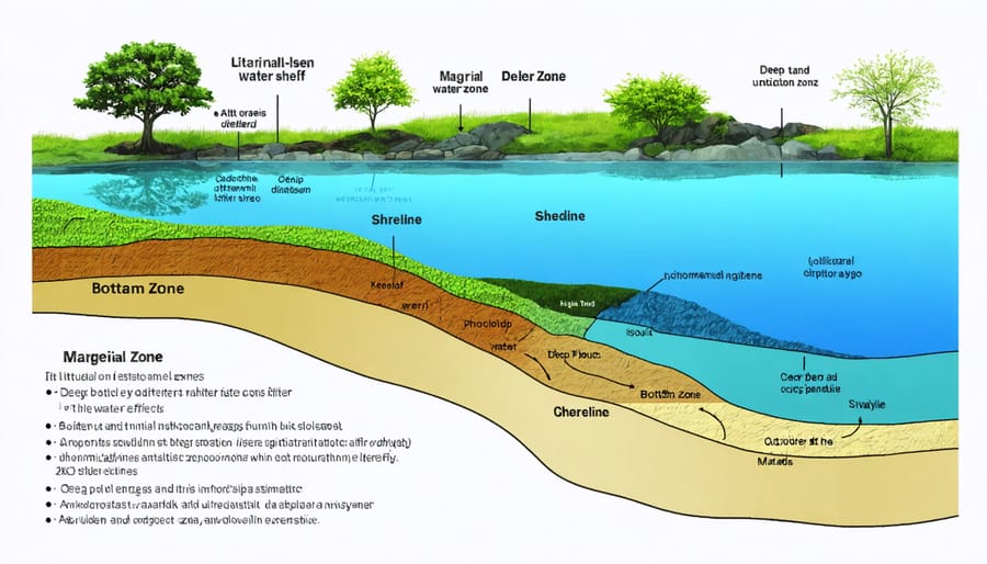 Diagram of pond zones: littoral zone, marginal shelf, deep water, bottom, and shoreline