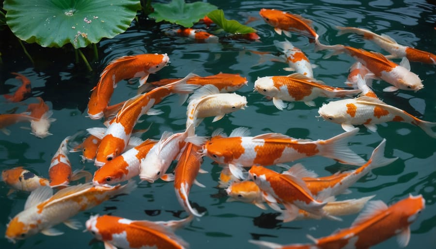 Beautiful koi pond showcasing popular koi varieties in their natural habitat