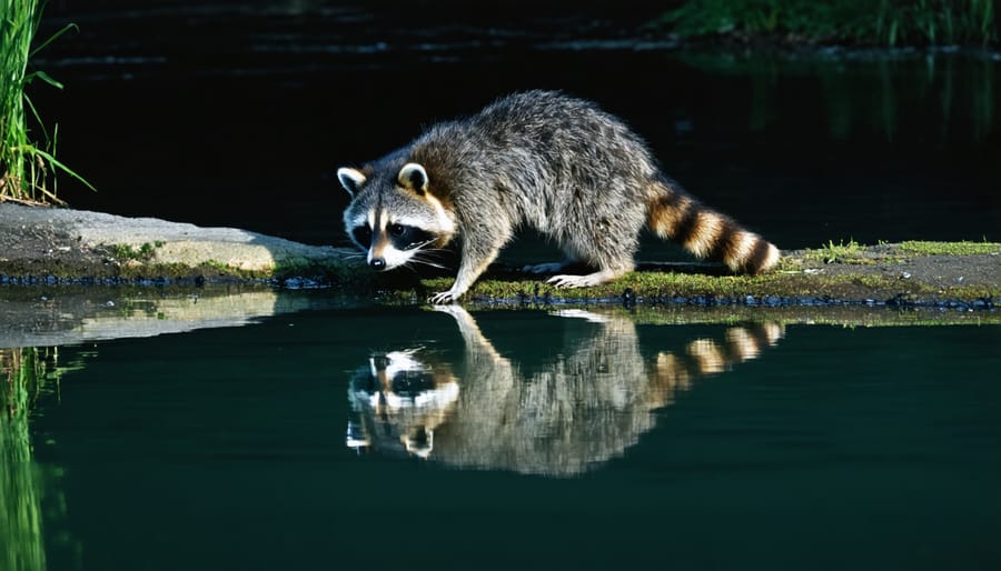 Raccoon fishing in a pond under cover of darkness