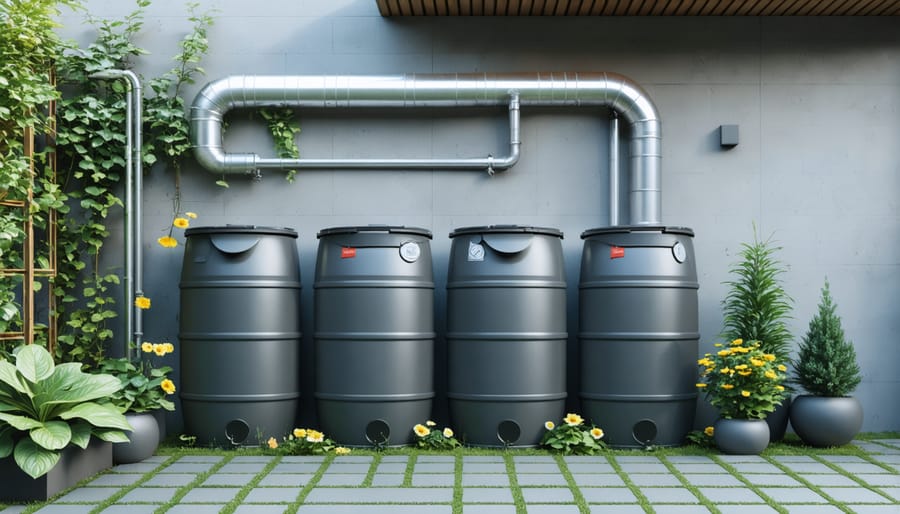 Rain barrels collecting rainwater from a roof downspout for garden pond use