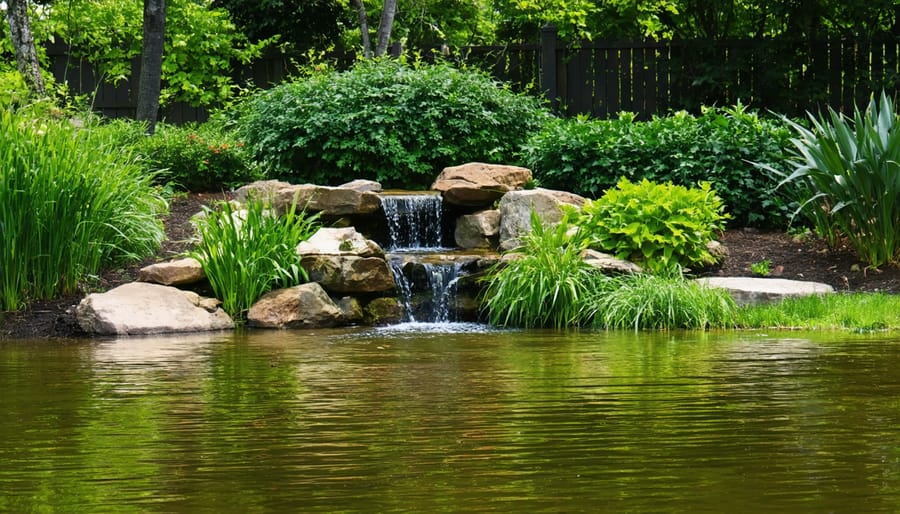 Beautiful backyard wildlife pond with diverse plants and a waterfall feature