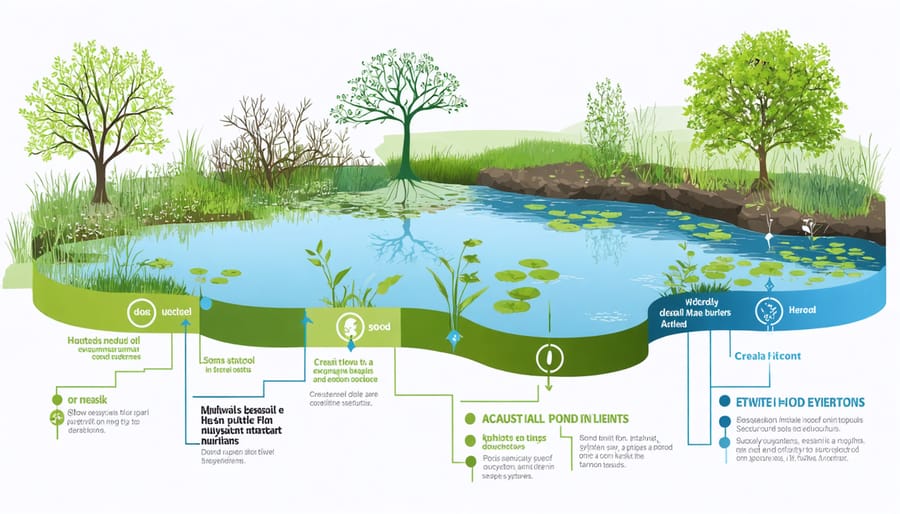 Conceptual diagram of how nutrients cycle through a water garden ecosystem over the seasons