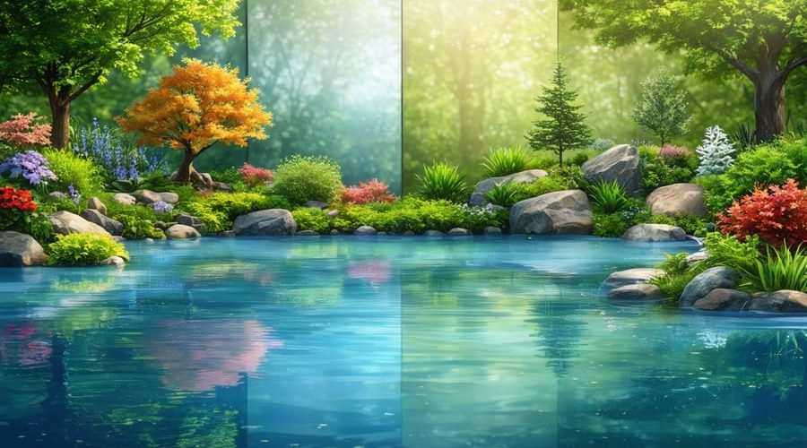 A water garden depicted in a single image transitioning through the four seasons, with lush summer plants, autumn leaves, a frosty winter scene, and spring growth, illustrating the year-round adaptation of a pond ecosystem.