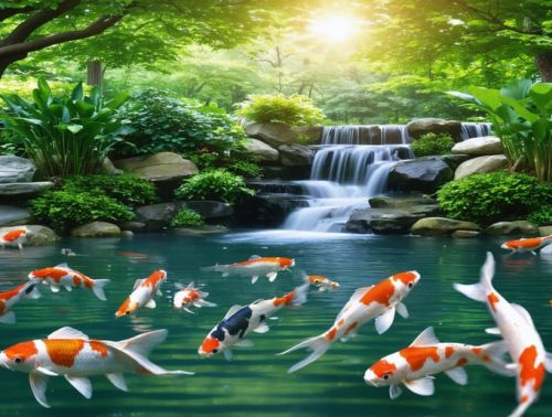 A tranquil backyard koi pond featuring colorful koi fish, vibrant aquatic plants, and a small cascading waterfall, bathed in gentle sunlight.