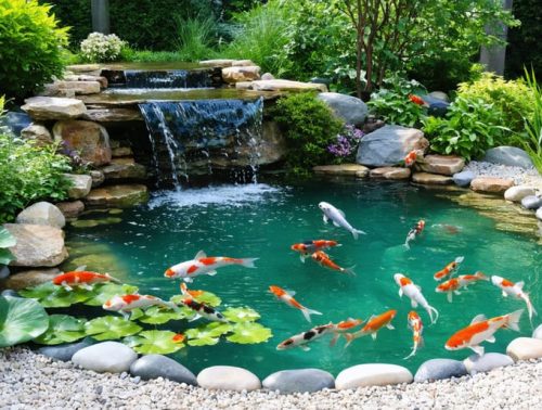 A picturesque backyard oasis with a gently flowing waterfall, vibrant koi fish, lush aquatic plants, and natural stone edging, creating a peaceful and inviting atmosphere.