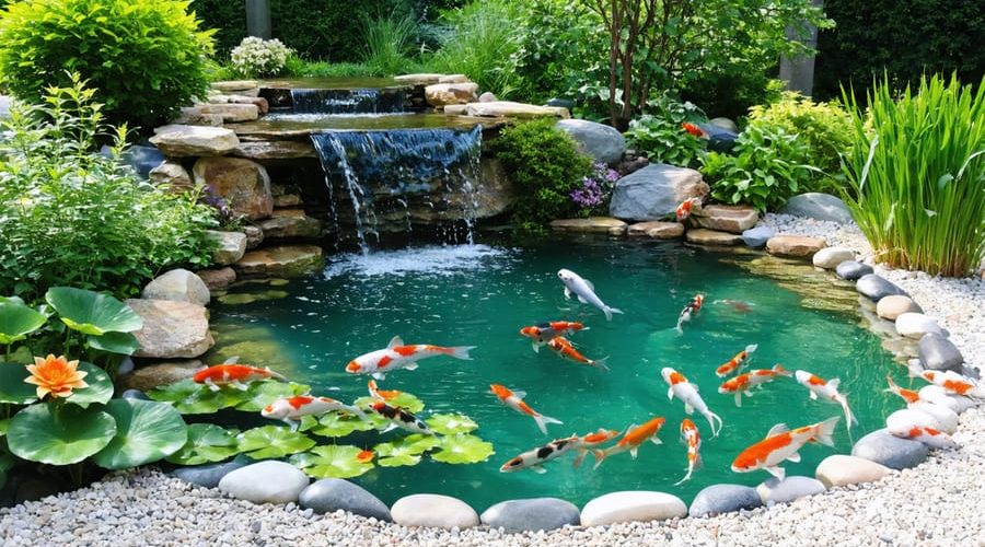 A picturesque backyard oasis with a gently flowing waterfall, vibrant koi fish, lush aquatic plants, and natural stone edging, creating a peaceful and inviting atmosphere.