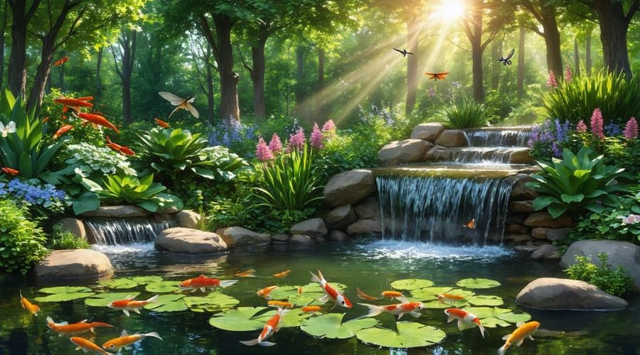 A tranquil backyard pond with a small waterfall surrounded by diverse aquatic plants and colorful koi fish, creating a serene and harmonious natural setting.