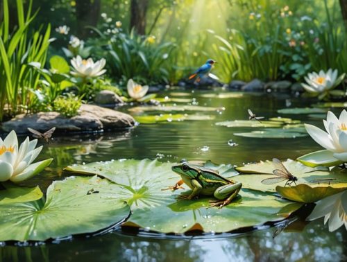 A tranquil backyard pond surrounded by diverse aquatic plants with dragonflies, a frog on a lily pad, and birds enjoying the water, illustrating a serene wildlife oasis.