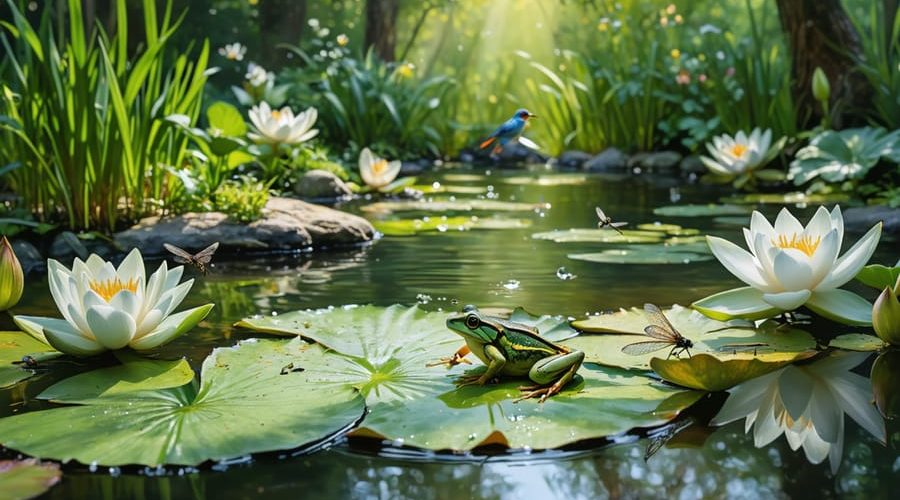 A tranquil backyard pond surrounded by diverse aquatic plants with dragonflies, a frog on a lily pad, and birds enjoying the water, illustrating a serene wildlife oasis.