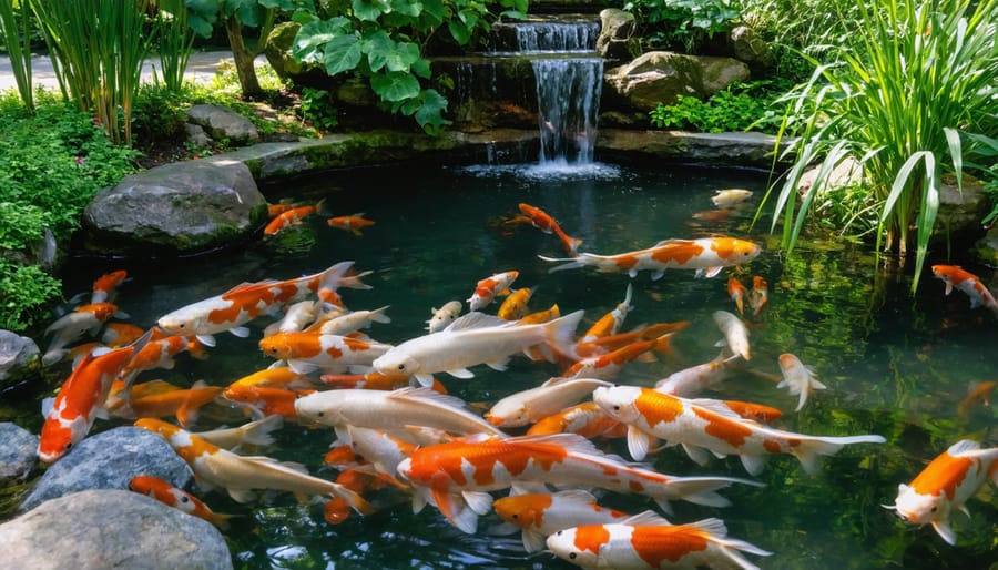 A tranquil ecosystem pond with koi and aquatic plants in a garden setting