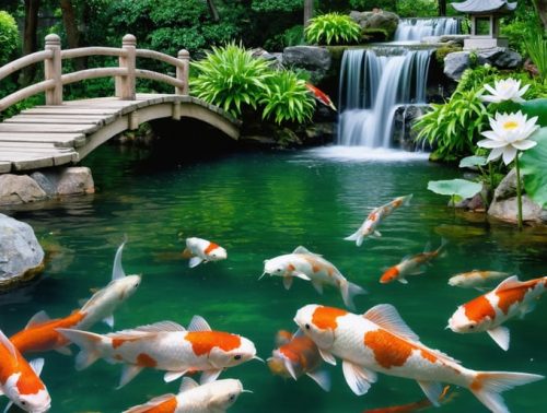 A serene koi pond with colorful koi fish swimming among aquatic plants, enhanced by a wooden bridge and stone lantern in a Japanese garden setting.