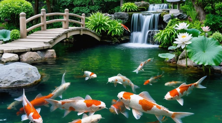 A serene koi pond with colorful koi fish swimming among aquatic plants, enhanced by a wooden bridge and stone lantern in a Japanese garden setting.