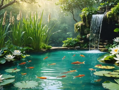 A crystal-clear pond featuring diverse aquatic plants, a gentle waterfall for aeration, and swimming fish, depicting a balanced and natural ecosystem.