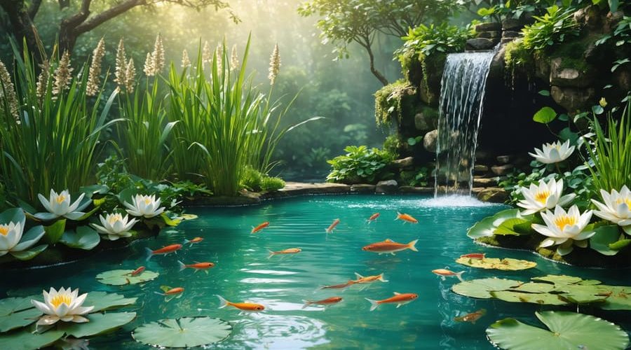 A crystal-clear pond featuring diverse aquatic plants, a gentle waterfall for aeration, and swimming fish, depicting a balanced and natural ecosystem.