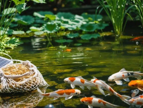 A tranquil pond featuring koi fish, aquatic plants, and a floating barley straw bag with a solar-powered aerator in the background, creating a balance in the ecosystem.