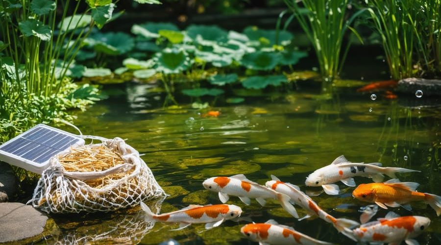 A tranquil pond featuring koi fish, aquatic plants, and a floating barley straw bag with a solar-powered aerator in the background, creating a balance in the ecosystem.