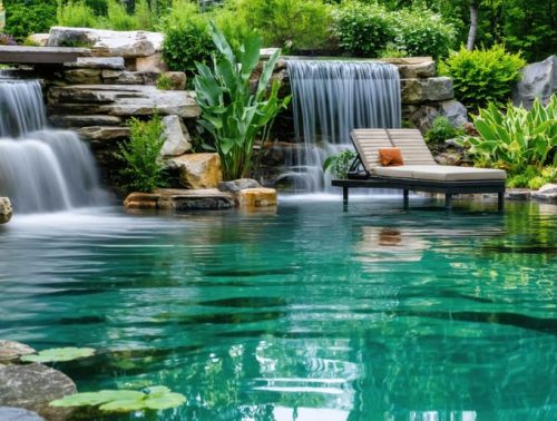 A peaceful backyard oasis featuring a natural swimming pond with clear water and lush aquatic plants, highlighting the beauty and eco-friendliness of a natural filtration system.