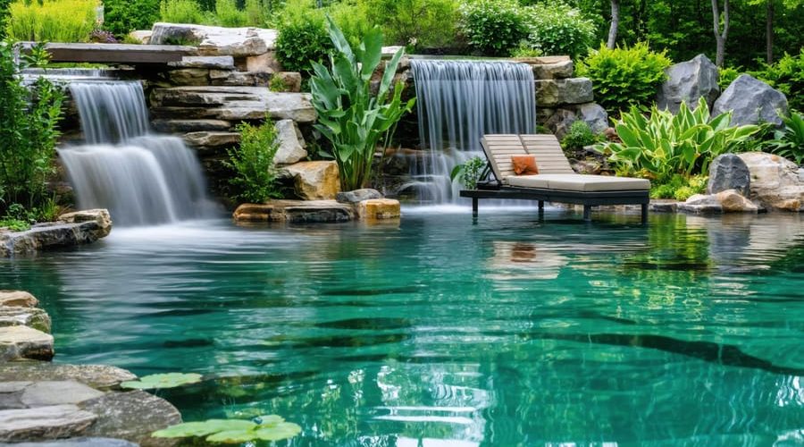 A peaceful backyard oasis featuring a natural swimming pond with clear water and lush aquatic plants, highlighting the beauty and eco-friendliness of a natural filtration system.