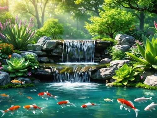 A tranquil natural water garden featuring vibrant aquatic plants, colorful koi fish, and a cascading waterfall, set in a lush, green backyard landscape.