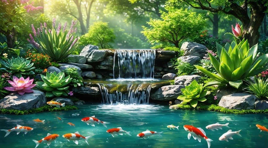 A tranquil natural water garden featuring vibrant aquatic plants, colorful koi fish, and a cascading waterfall, set in a lush, green backyard landscape.