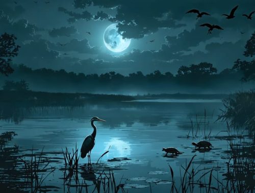 A mystical night scene of a pond with heron silhouettes and hidden raccoons and snapping turtles, symbolizing the silent threats they pose to pond fish.