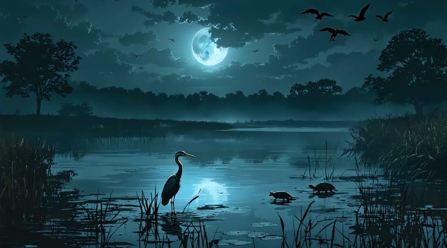 A mystical night scene of a pond with heron silhouettes and hidden raccoons and snapping turtles, symbolizing the silent threats they pose to pond fish.