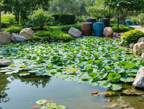 Conceptual image of a sustainable garden pond with rain barrels, floating plants providing shade, and native vegetation, illustrating water conservation strategies.