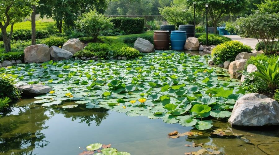 Conceptual image of a sustainable garden pond with rain barrels, floating plants providing shade, and native vegetation, illustrating water conservation strategies.