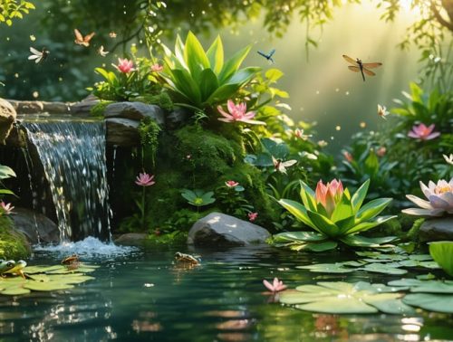 Serene backyard pond habitat with diverse aquatic plants, a gentle waterfall, and visiting wildlife including dragonflies and frogs, under a summer sun.